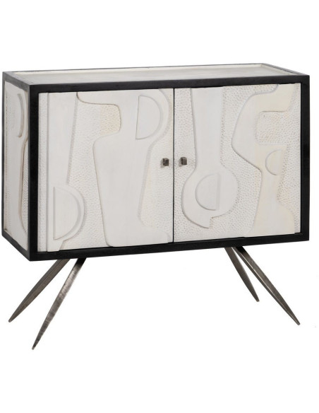 Petit Buffet moderne chic Bas 2 portes en Bois de manguier Blanc Noir Métal Enol - 1