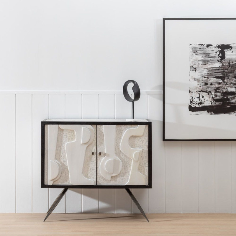 Petit Buffet moderne chic Bas 2 portes en Bois de manguier Blanc Noir Métal Enol - 11