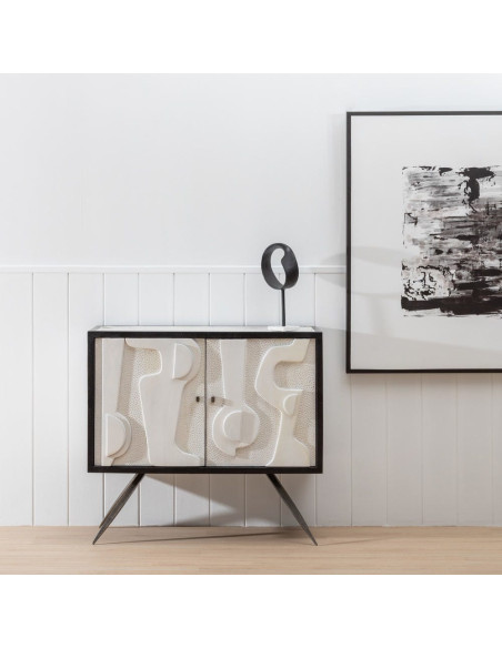 Petit Buffet moderne chic Bas 2 portes en Bois de manguier Blanc Noir Métal Enol - 11