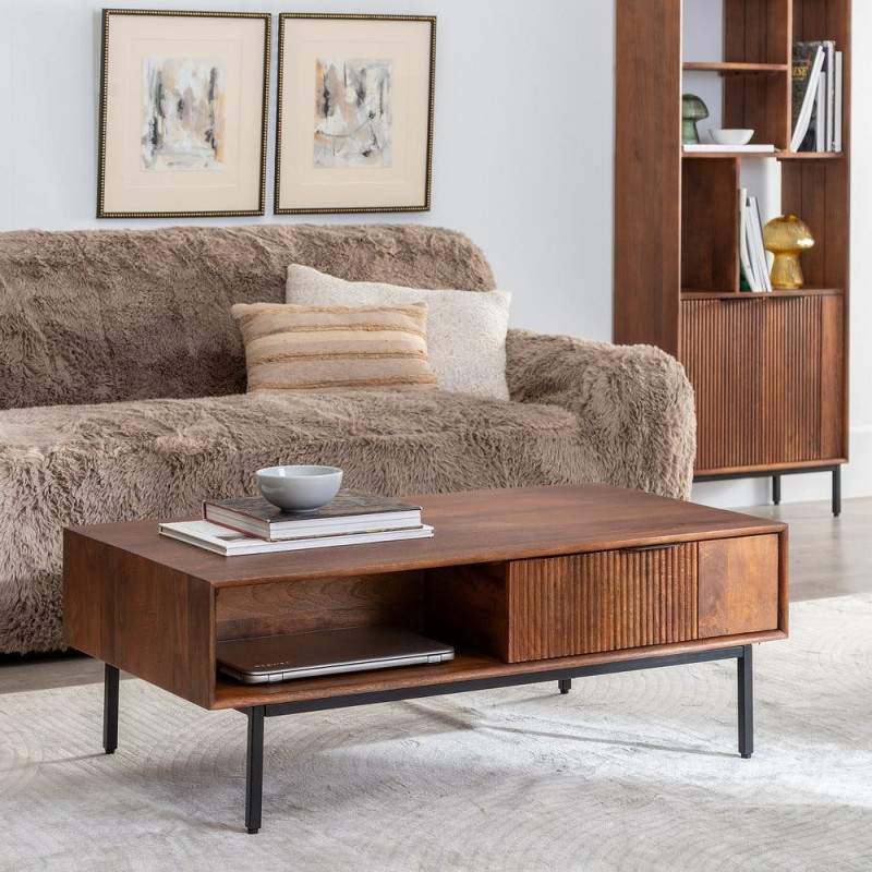 Table basse moderne Rectangulaire 1 tiroir 1 niche en Bois de manguier Marron Métal Noir Talaia - 2