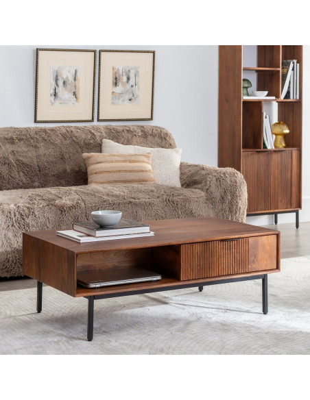 Table basse moderne Rectangulaire 1 tiroir 1 niche en Bois de manguier Marron Métal Noir Talaia - 2
