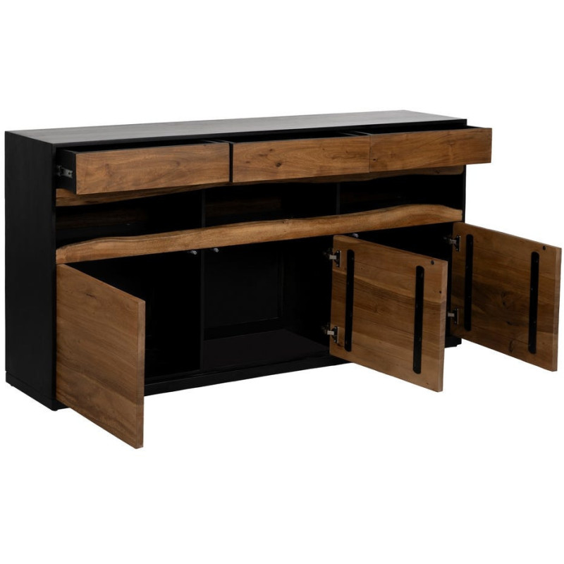 Grand Buffet enfilade moderne 3 portes 3 tiroirs 3 niches en Bois d'acacia Naturel Bois MDF Noir Tomi - 2