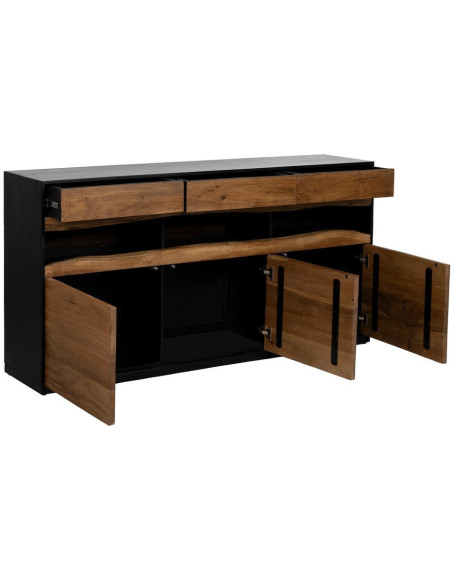 Grand Buffet enfilade moderne 3 portes 3 tiroirs 3 niches en Bois d'acacia Naturel Bois MDF Noir Tomi - 2