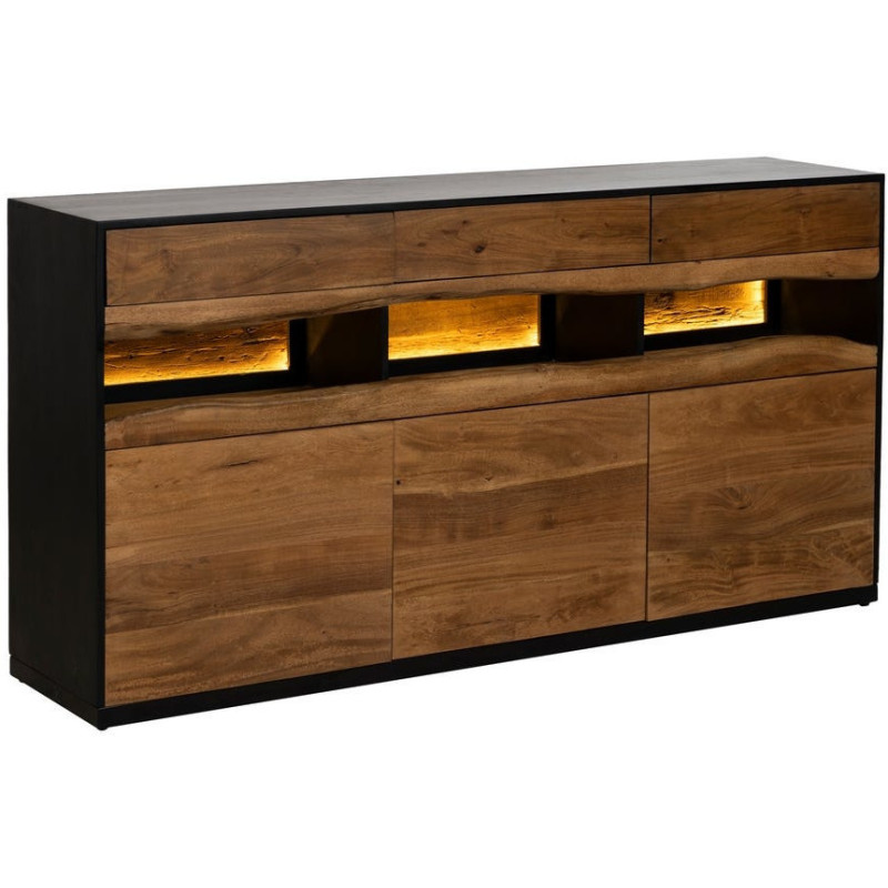 Grand Buffet enfilade moderne 3 portes 3 tiroirs 3 niches en Bois d'acacia Naturel Bois MDF Noir Tomi - 3