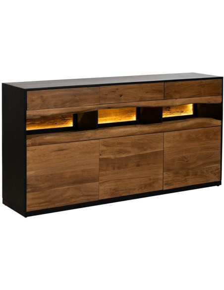 Grand Buffet enfilade moderne 3 portes 3 tiroirs 3 niches en Bois d'acacia Naturel Bois MDF Noir Tomi - 3