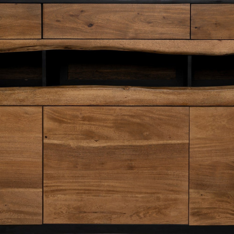 Grand Buffet enfilade moderne 3 portes 3 tiroirs 3 niches en Bois d'acacia Naturel Bois MDF Noir Tomi - 5