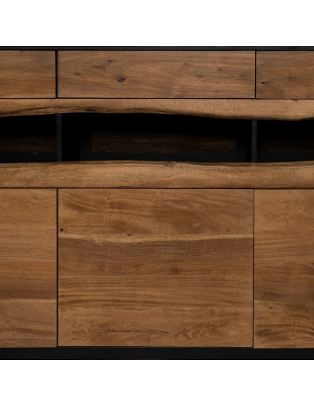 Grand Buffet enfilade moderne 3 portes 3 tiroirs 3 niches en Bois d'acacia Naturel Bois MDF Noir Tomi - 5