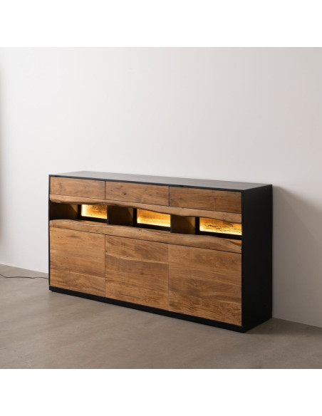 Grand Buffet enfilade moderne 3 portes 3 tiroirs 3 niches en Bois d'acacia Naturel Bois MDF Noir Tomi - 14