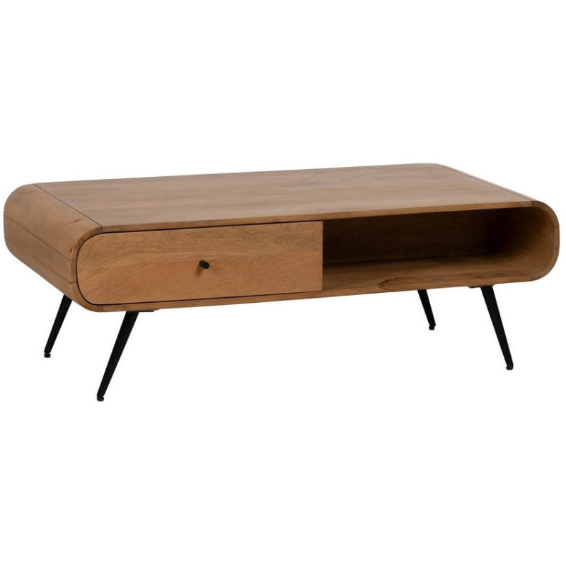 Table basse moderne arrondie 1 tiroir 1 niche en Bois de manguier Naturel Métal Noir Mahon - 1