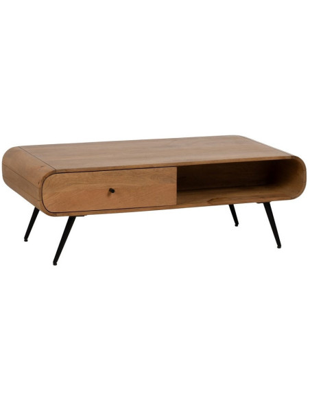 Table basse moderne arrondie 1 tiroir 1 niche en Bois de manguier Naturel Métal Noir Mahon - 1
