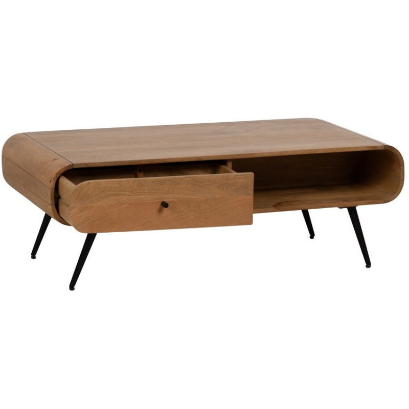 Table basse moderne arrondie 1 tiroir 1 niche en Bois de manguier Naturel Métal Noir Mahon - 2