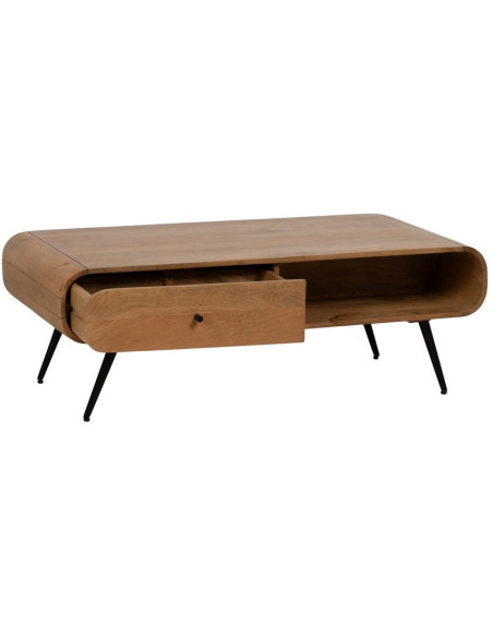Table basse moderne arrondie 1 tiroir 1 niche en Bois de manguier Naturel Métal Noir Mahon - 2