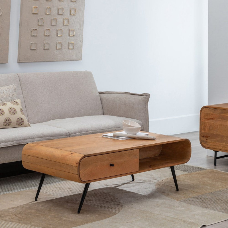 Table basse moderne arrondie 1 tiroir 1 niche en Bois de manguier Naturel Métal Noir Mahon - 13