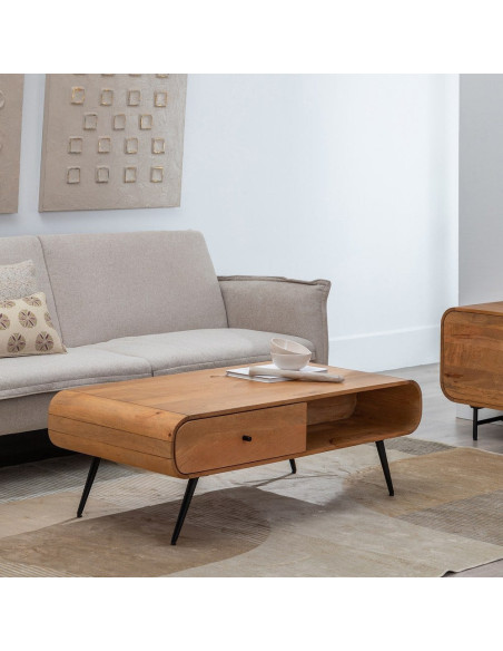 Table basse moderne arrondie 1 tiroir 1 niche en Bois de manguier Naturel Métal Noir Mahon - 13