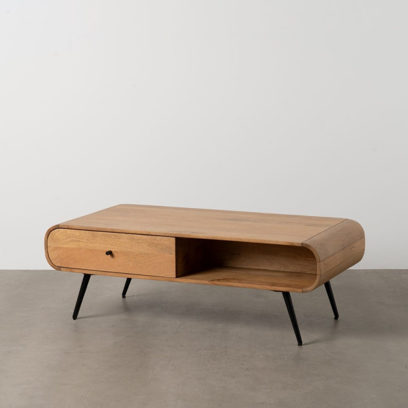 Table basse moderne arrondie 1 tiroir 1 niche en Bois de manguier Naturel Métal Noir Mahon - 14