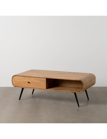 Table basse moderne arrondie 1 tiroir 1 niche en Bois de manguier Naturel Métal Noir Mahon - 14