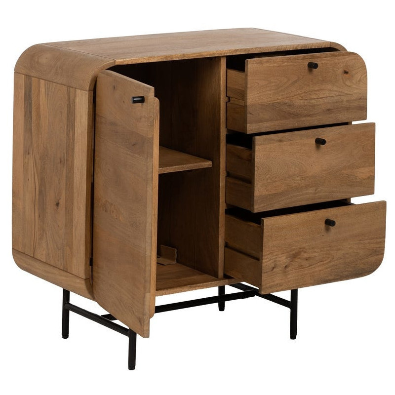 Buffet moderne arrondi 1 porte 3 tiroirs en Bois de manguier Naturel Métal Noir Mahon - 2