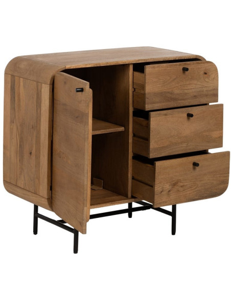 Buffet moderne arrondi 1 porte 3 tiroirs en Bois de manguier Naturel Métal Noir Mahon - 2