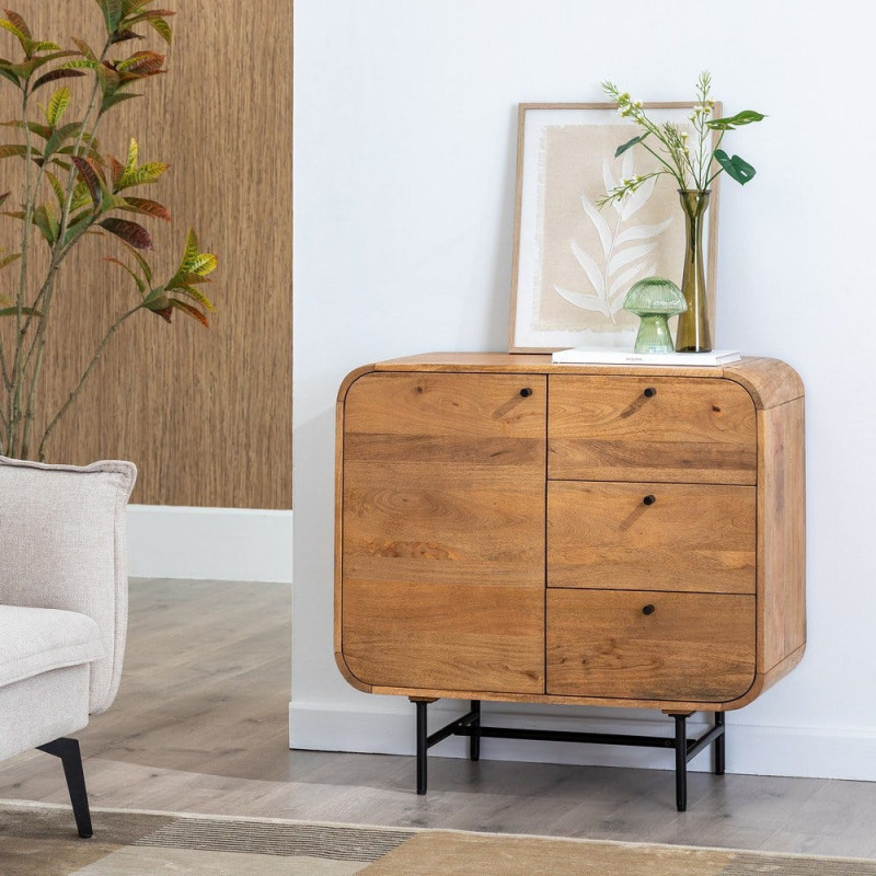 Buffet moderne arrondi 1 porte 3 tiroirs en Bois de manguier Naturel Métal Noir Mahon - 12