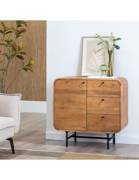 Buffet moderne arrondi 1 porte 3 tiroirs en Bois de manguier Naturel Métal Noir Mahon - 12