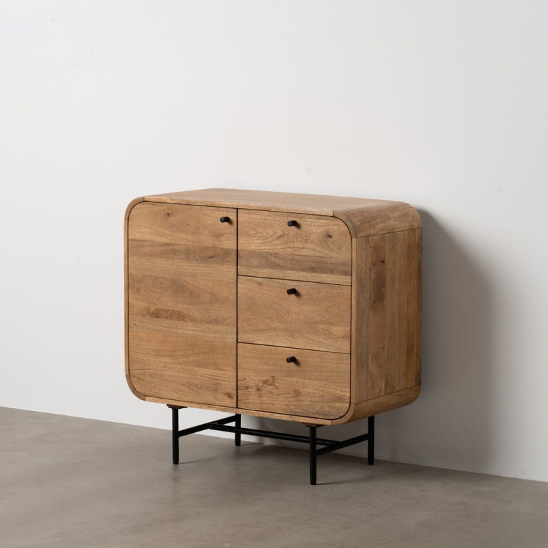 Buffet moderne arrondi 1 porte 3 tiroirs en Bois de manguier Naturel Métal Noir Mahon - 13
