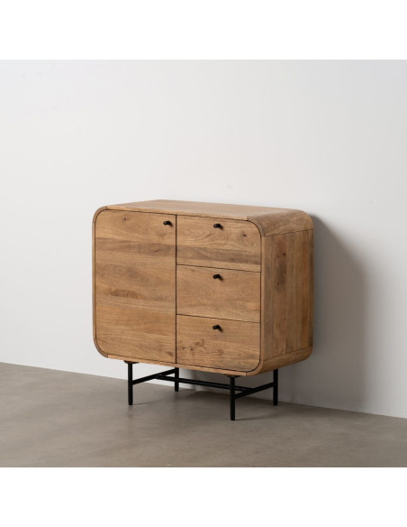 Buffet moderne arrondi 1 porte 3 tiroirs en Bois de manguier Naturel Métal Noir Mahon - 13