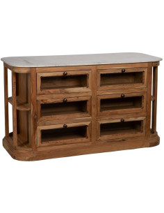 Ilot central de cuisine moderne 12 tiroirs 4 étagères en Bois d'acacia Naturel Marbre Blanc Verre Transparent Wilan - 1