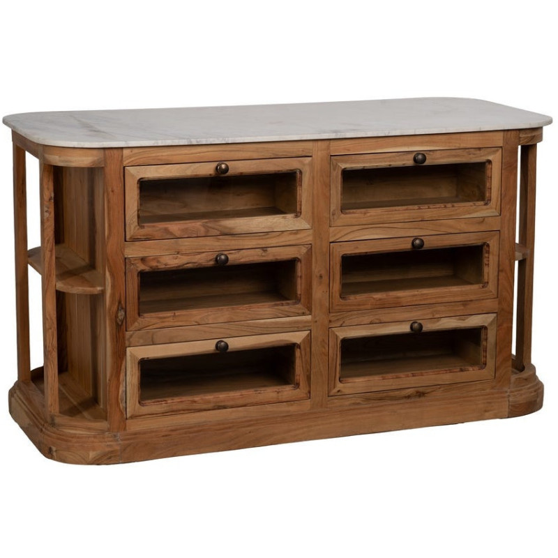 Ilot central de cuisine moderne 12 tiroirs 4 étagères en Bois d'acacia Naturel Marbre Blanc Verre Transparent Wilan - 1