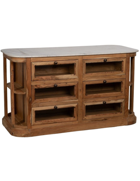 Ilot central de cuisine moderne 12 tiroirs 4 étagères en Bois d'acacia Naturel Marbre Blanc Verre Transparent Wilan - 1