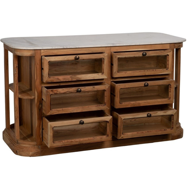 Ilot central de cuisine moderne 12 tiroirs 4 étagères en Bois d'acacia Naturel Marbre Blanc Verre Transparent Wilan - 2