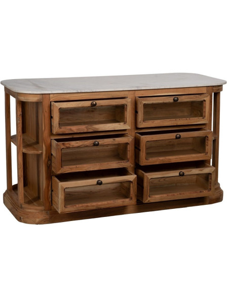 Ilot central de cuisine moderne 12 tiroirs 4 étagères en Bois d'acacia Naturel Marbre Blanc Verre Transparent Wilan - 2