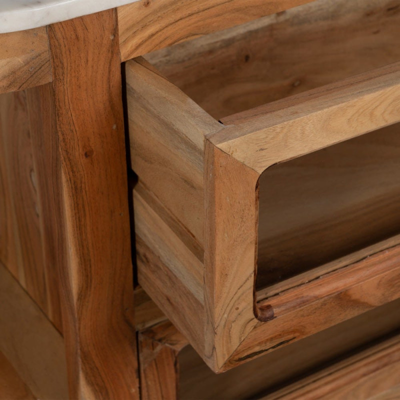 Ilot central de cuisine moderne 12 tiroirs 4 étagères en Bois d'acacia Naturel Marbre Blanc Verre Transparent Wilan - 5