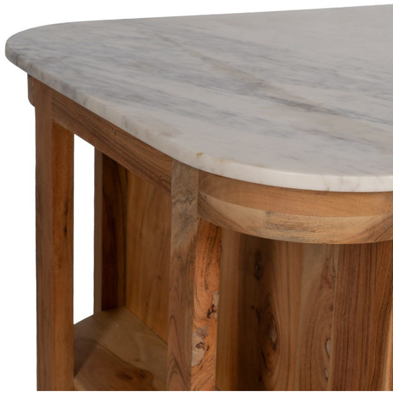Ilot central de cuisine moderne 12 tiroirs 4 étagères en Bois d'acacia Naturel Marbre Blanc Verre Transparent Wilan - 9