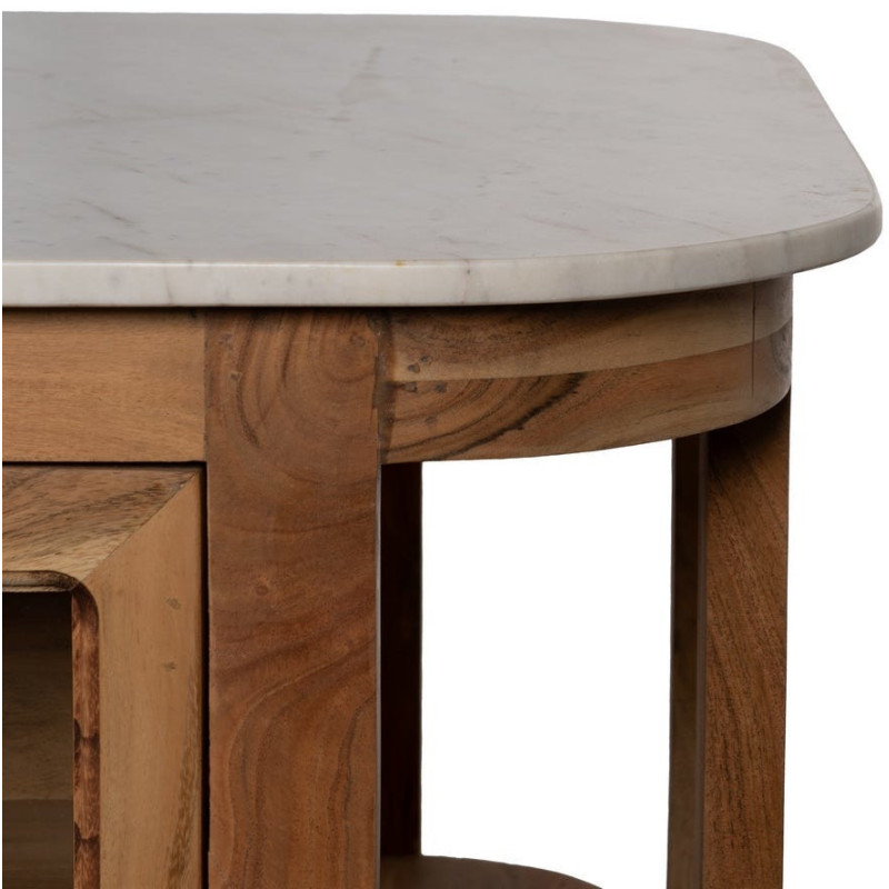 Ilot central de cuisine moderne 12 tiroirs 4 étagères en Bois d'acacia Naturel Marbre Blanc Verre Transparent Wilan - 11