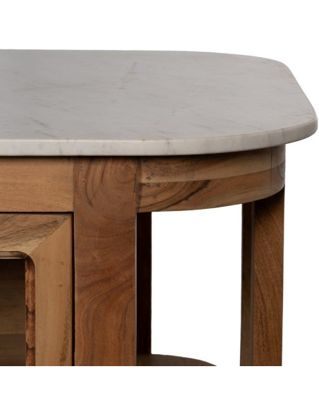 Ilot central de cuisine moderne 12 tiroirs 4 étagères en Bois d'acacia Naturel Marbre Blanc Verre Transparent Wilan - 11