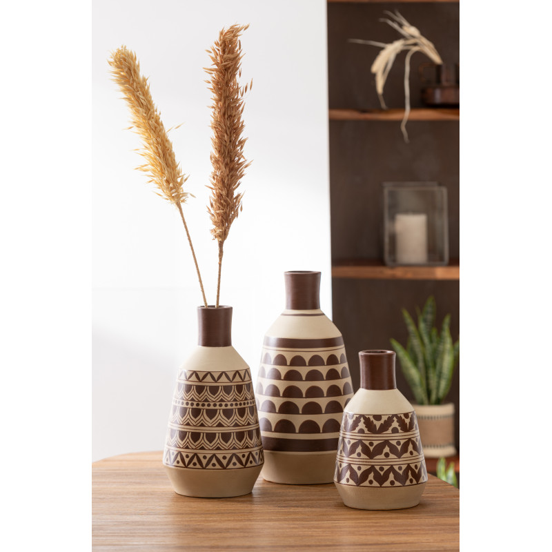 Vase Conique Hauteur 44 cm en Terre cuite Blanc Marron Motif demi-cercles Thar - 2