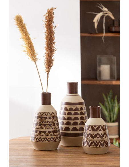 Vase Conique Hauteur 44 cm en Terre cuite Blanc Marron Motif demi-cercles Thar - 2