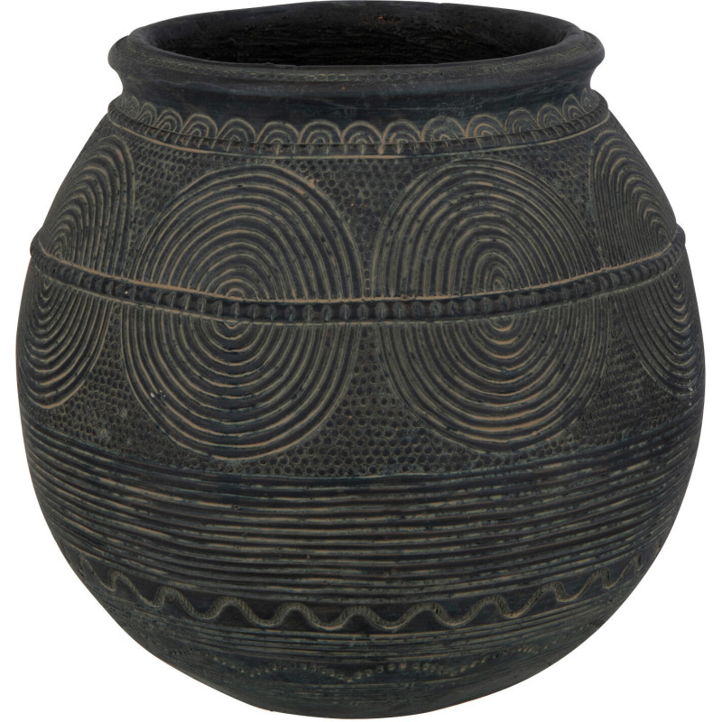 Vase Rond Hauteur 27 cm en Ciment Noir Marron Motif ethnique Koboni - 1