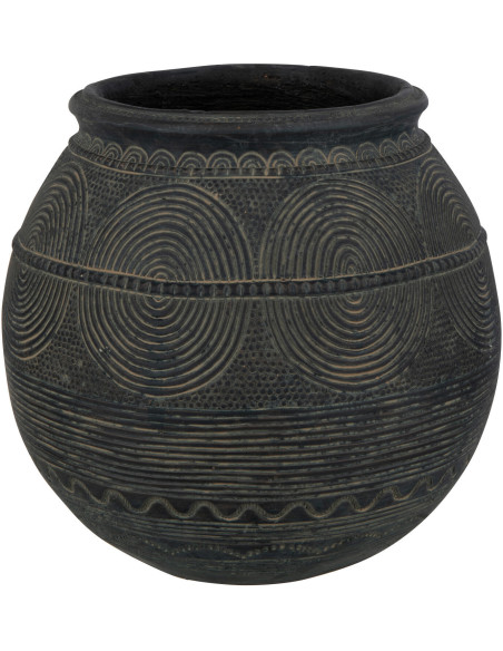 Vase Rond Hauteur 27 cm en Ciment Noir Marron Motif ethnique Koboni - 1