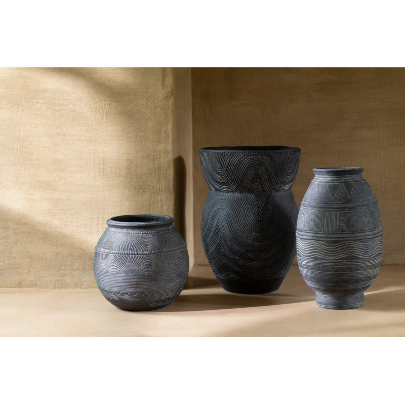 Vase Rond Hauteur 27 cm en Ciment Noir Marron Motif ethnique Koboni - 2