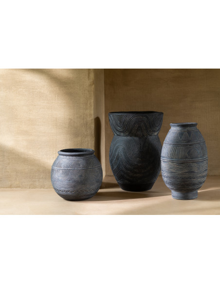 Vase Rond Hauteur 27 cm en Ciment Noir Marron Motif ethnique Koboni - 2