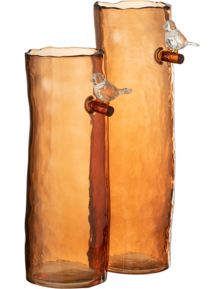Vase Cyclindrique Oiseau sur branche Hauteur 32 cm en Verre Orange Aves - 2