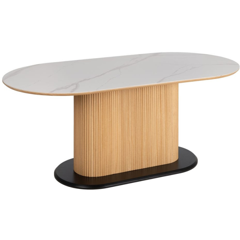 Table à manger moderne chic Ovale 6 personnes en Bois MDF Naturel Noir Céramique Blanc Effet marbre Dalina - 1