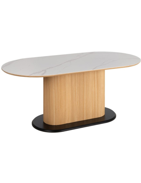 Table à manger moderne chic Ovale 6 personnes en Bois MDF Naturel Noir Céramique Blanc Effet marbre Dalina - 1