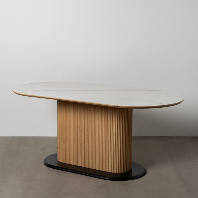 Table à manger moderne chic Ovale 6 personnes en Bois MDF Naturel Noir Céramique Blanc Effet marbre Dalina - 9