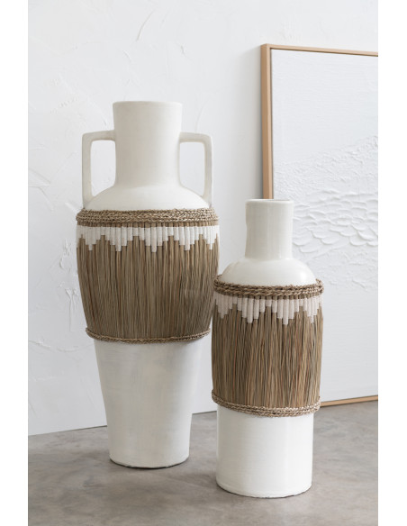 Vase Amphore XXL Hauteur 100 cm en Terre cuite Blanc Herbe Naturel Blanc Pugghie - 3