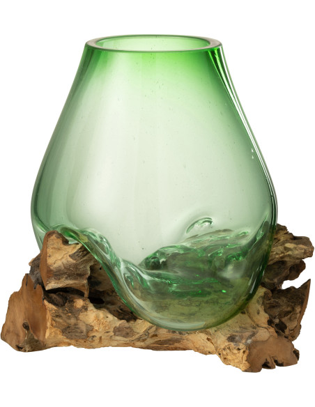 Vase Ovale sur pied Hauteur 33 cm en Verre recyclé Vert Bois de gamal Naturel Gamal - 1