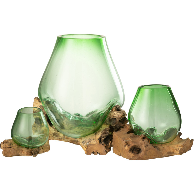 Vase Ovale sur pied Hauteur 33 cm en Verre recyclé Vert Bois de gamal Naturel Gamal - 3