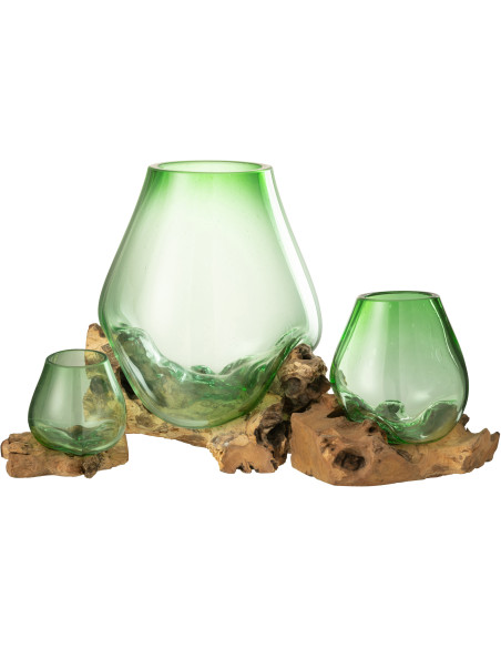 Vase Ovale sur pied Hauteur 33 cm en Verre recyclé Vert Bois de gamal Naturel Gamal - 3