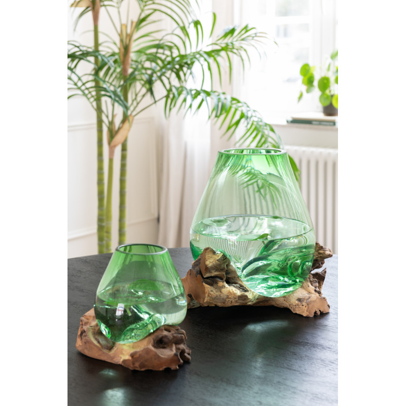 Vase Ovale sur pied Hauteur 33 cm en Verre recyclé Vert Bois de gamal Naturel Gamal - 2